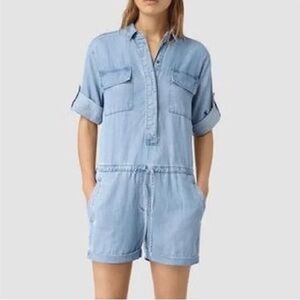 All Saints Chambray Denim Romper Playsuit Button Down Tie Waist